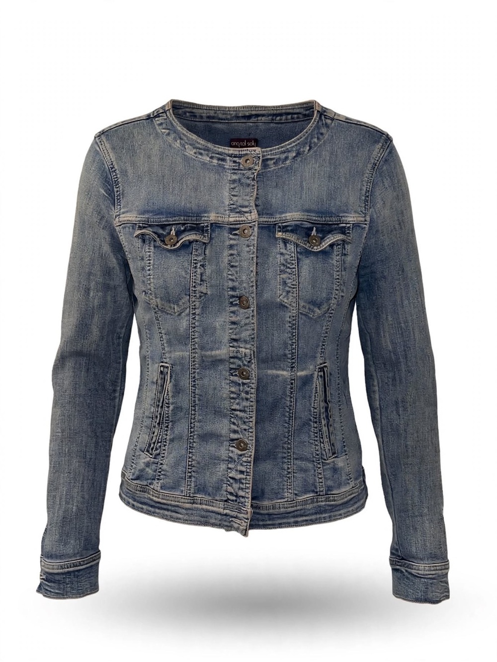 Long Tall Sally Denim Jacket Sz 12 Collarless Button-Up, Light Wash, 4 pockets